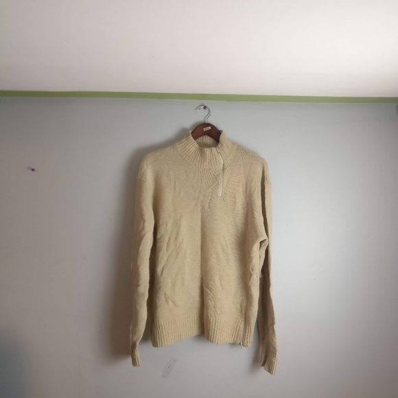Neutral/Beige Wool Sweater, 100% Lambswool ribbed Knit Long sleeve Sweater, XL - Picture 2 of 7